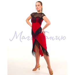 Сукня червона і чорна 14011 з бахромою і сіткою, Колір: Червоний, Розмір одягу: р. 42 (XS)